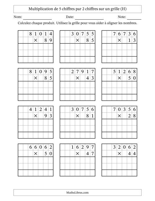 Multiplication de 5 chiffres par 2 chiffres avec l'aide d'une grille sans retenue (H)