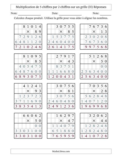 Multiplication de 5 chiffres par 2 chiffres avec l'aide d'une grille sans retenue (H) page 2