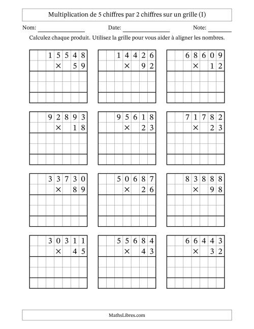 Multiplication de 5 chiffres par 2 chiffres avec l'aide d'une grille sans retenue (I)