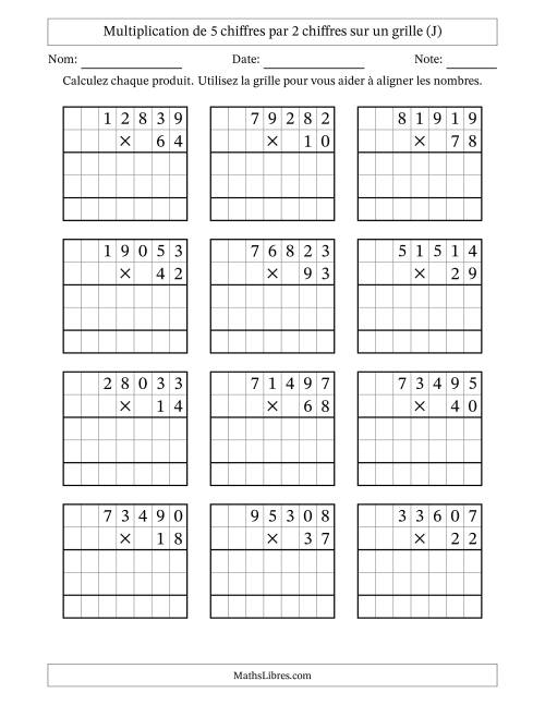 Multiplication de 5 chiffres par 2 chiffres avec l'aide d'une grille sans retenue (J)