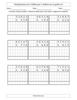 Multiplication de 5 chiffres par 3 chiffres avec l'aide d'une grille sans retenue