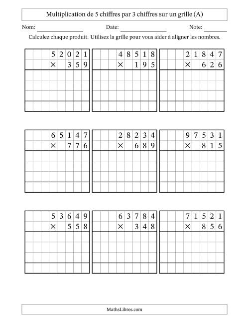 Multiplication de 5 chiffres par 3 chiffres avec l'aide d'une grille sans retenue (A)