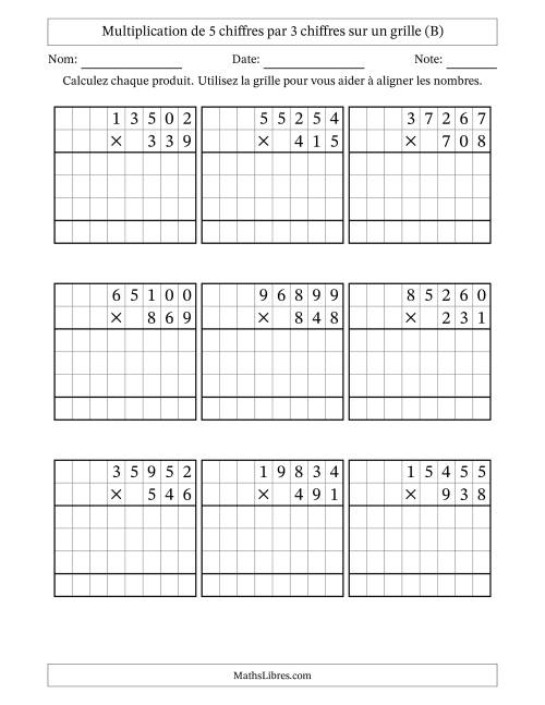 Multiplication de 5 chiffres par 3 chiffres avec l'aide d'une grille sans retenue (B)