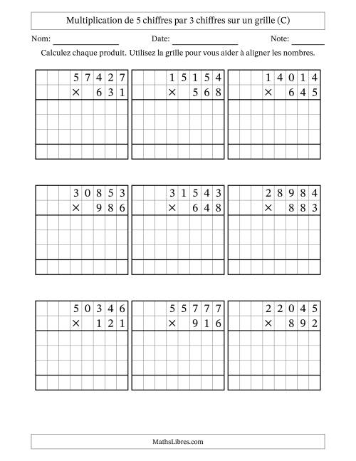 Multiplication de 5 chiffres par 3 chiffres avec l'aide d'une grille sans retenue (C)