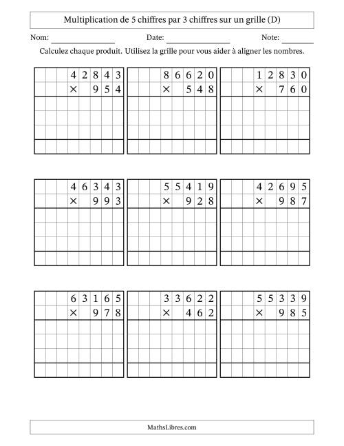 Multiplication de 5 chiffres par 3 chiffres avec l'aide d'une grille sans retenue (D)