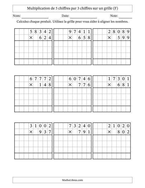 Multiplication de 5 chiffres par 3 chiffres avec l'aide d'une grille sans retenue (F)