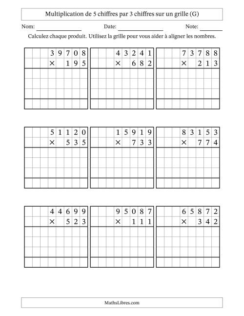 Multiplication de 5 chiffres par 3 chiffres avec l'aide d'une grille sans retenue (G)