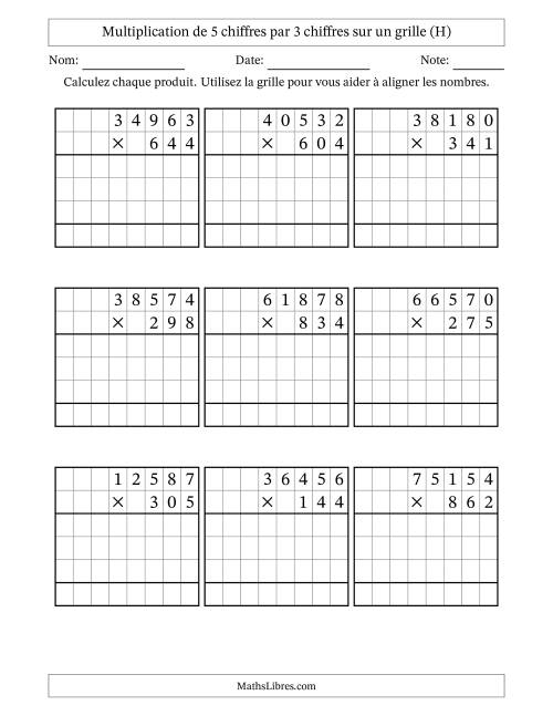 Multiplication de 5 chiffres par 3 chiffres avec l'aide d'une grille sans retenue (H)