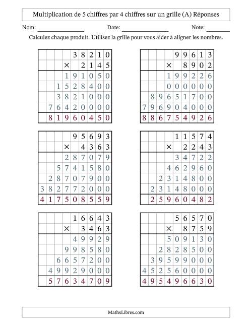 Multiplication de 5 chiffres par 4 chiffres avec l'aide d'une grille sans retenue (A) page 2