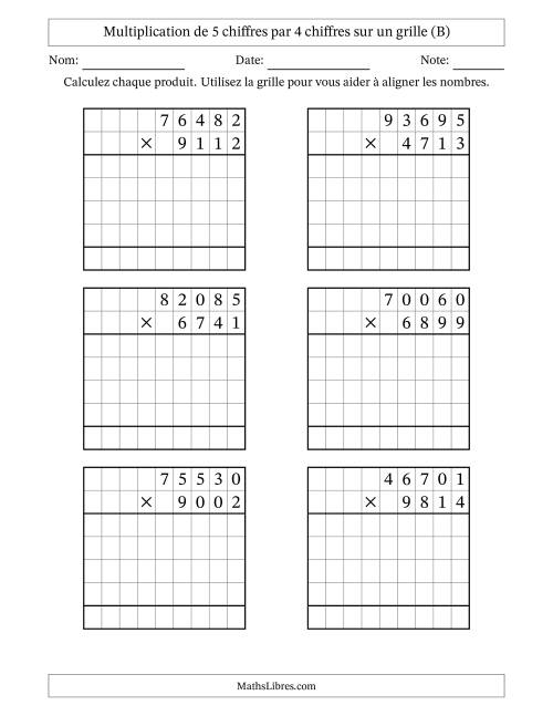 Multiplication de 5 chiffres par 4 chiffres avec l'aide d'une grille sans retenue (B)