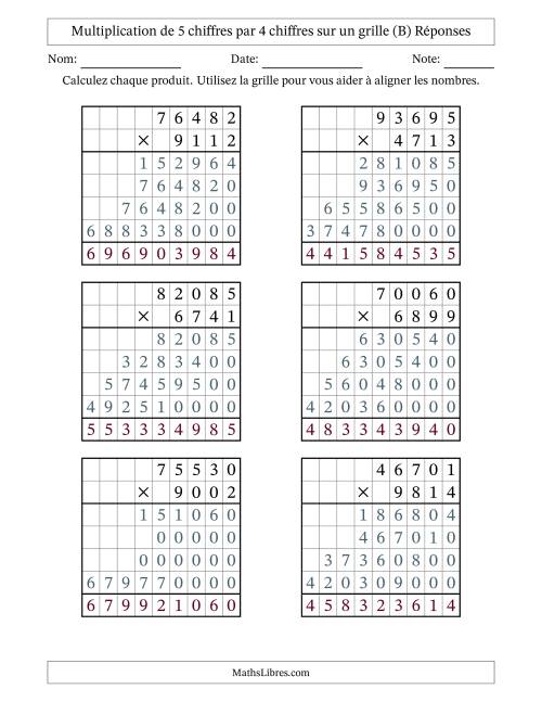 Multiplication de 5 chiffres par 4 chiffres avec l'aide d'une grille sans retenue (B) page 2