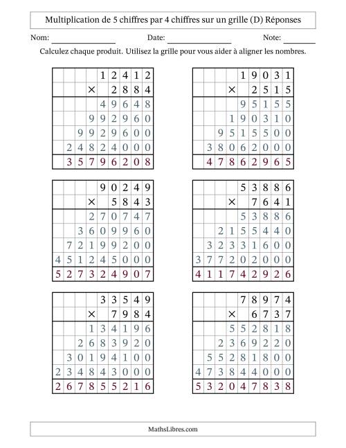 Multiplication de 5 chiffres par 4 chiffres avec l'aide d'une grille sans retenue (D) page 2