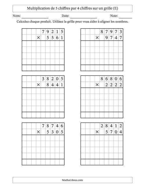 Multiplication de 5 chiffres par 4 chiffres avec l'aide d'une grille sans retenue (E)