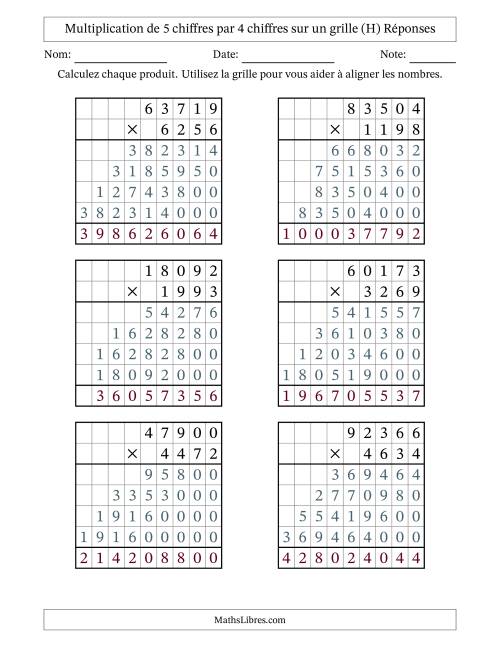 Multiplication de 5 chiffres par 4 chiffres avec l'aide d'une grille sans retenue (H) page 2