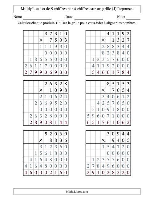 Multiplication de 5 chiffres par 4 chiffres avec l'aide d'une grille sans retenue (J) page 2