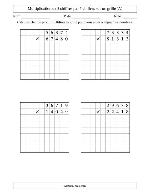 Multiplication de 5 chiffres par 5 chiffres avec l'aide d'une grille sans retenue (A)