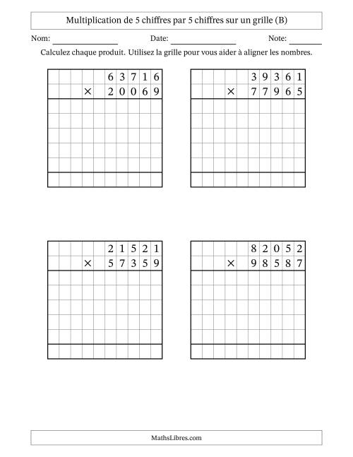 Multiplication de 5 chiffres par 5 chiffres avec l'aide d'une grille sans retenue (B)