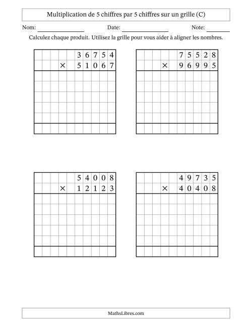 Multiplication de 5 chiffres par 5 chiffres avec l'aide d'une grille sans retenue (C)