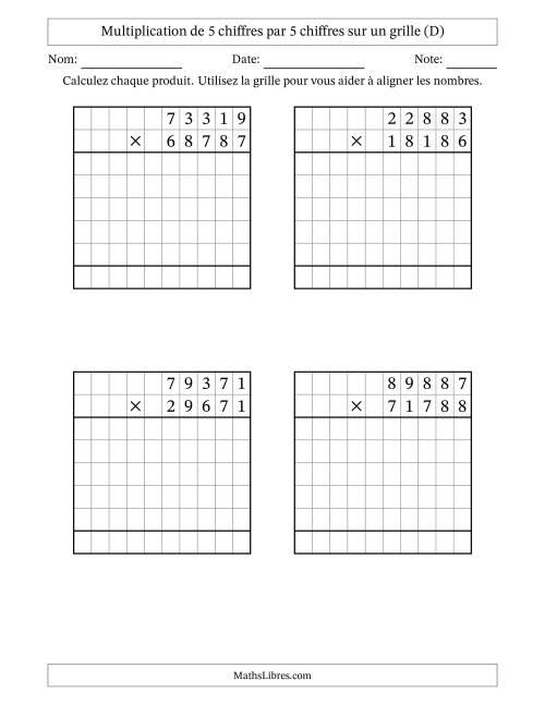 Multiplication de 5 chiffres par 5 chiffres avec l'aide d'une grille sans retenue (D)