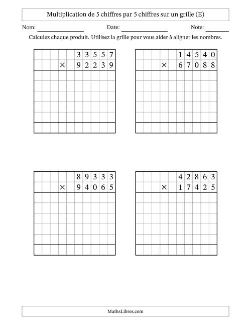 Multiplication de 5 chiffres par 5 chiffres avec l'aide d'une grille sans retenue (E)