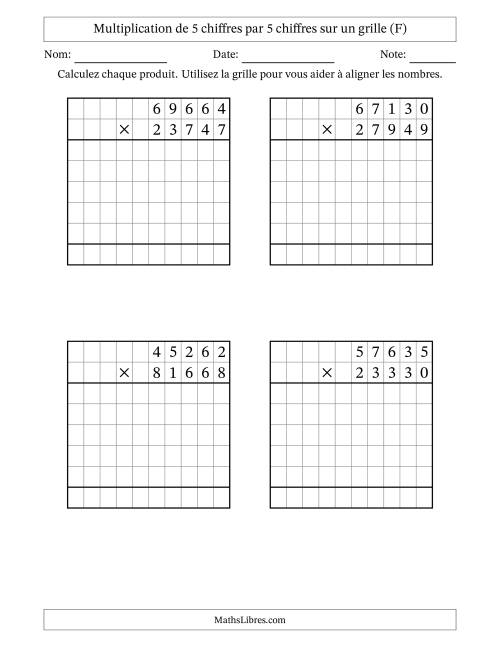 Multiplication de 5 chiffres par 5 chiffres avec l'aide d'une grille sans retenue (F)