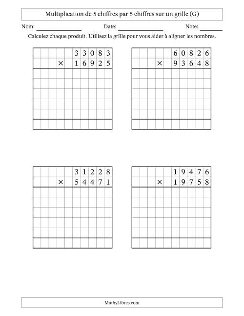 Multiplication de 5 chiffres par 5 chiffres avec l'aide d'une grille sans retenue (G)