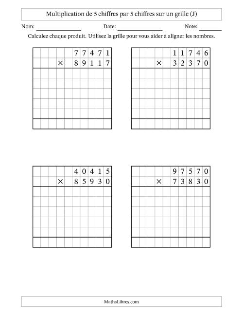 Multiplication de 5 chiffres par 5 chiffres avec l'aide d'une grille sans retenue (J)