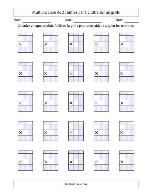 Multiplication de 2 chiffres par 1 chiffre avec l'aide d'une grille avec retenue (Vierges) (A)