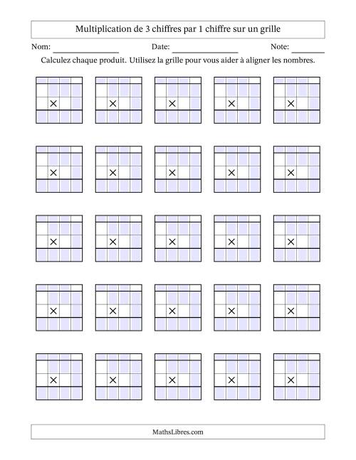 Multiplication de 3 chiffres par 1 chiffre avec l'aide d'une grille avec retenue (Vierges) (A)