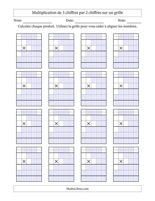 Multiplication de 3 chiffres par 2 chiffres avec l'aide d'une grille avec retenue (Vierges) (A)