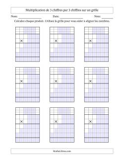 Multiplication de 3 chiffres par 3 chiffres avec l'aide d'une grille avec retenue (Vierges)