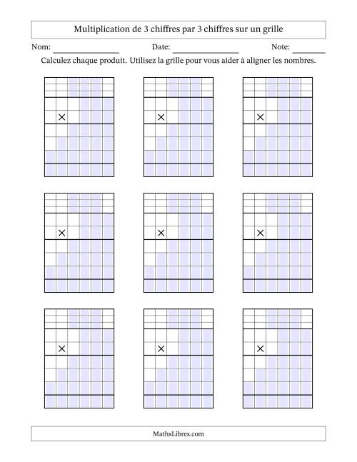 Multiplication de 3 chiffres par 3 chiffres avec l'aide d'une grille avec retenue (Vierges) (A)