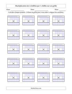 Multiplication de 4 chiffres par 1 chiffre avec l'aide d'une grille avec retenue (Vierges)