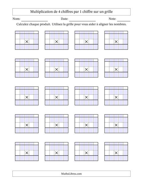 Multiplication de 4 chiffres par 1 chiffre avec l'aide d'une grille avec retenue (Vierges) (A)