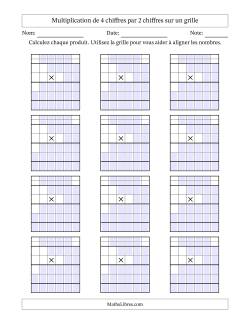 Multiplication de 4 chiffres par 2 chiffres avec l'aide d'une grille avec retenue (Vierges)