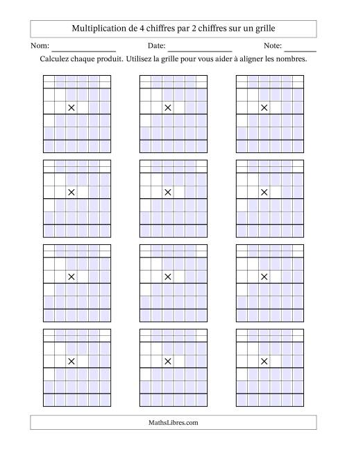 Multiplication de 4 chiffres par 2 chiffres avec l'aide d'une grille avec retenue (Vierges) (A)