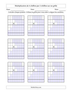 Multiplication de 4 chiffres par 3 chiffres avec l'aide d'une grille avec retenue (Vierges)