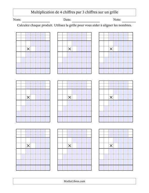 Multiplication de 4 chiffres par 3 chiffres avec l'aide d'une grille avec retenue (Vierges) (A)