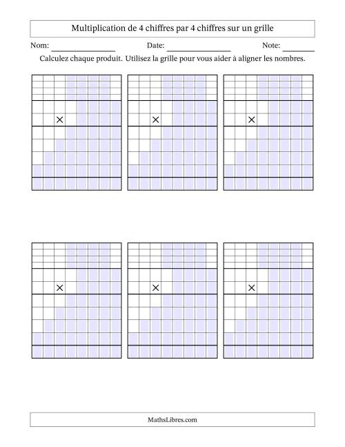 Multiplication de 4 chiffres par 4 chiffres avec l'aide d'une grille avec retenue (Vierges) (A)