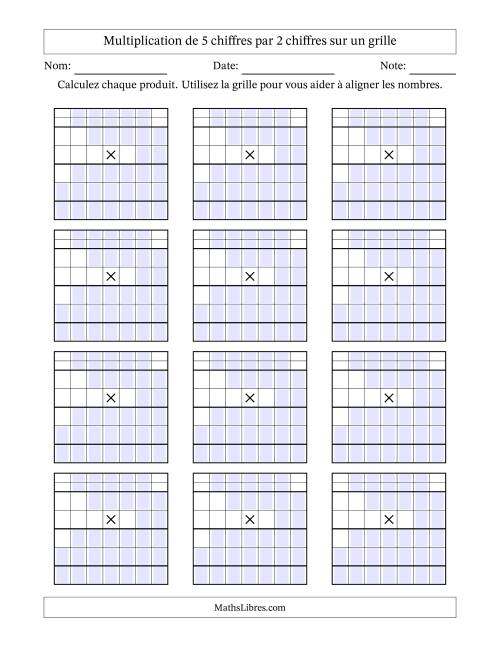 Multiplication de 5 chiffres par 2 chiffres avec l'aide d'une grille avec retenue (Vierges) (A)