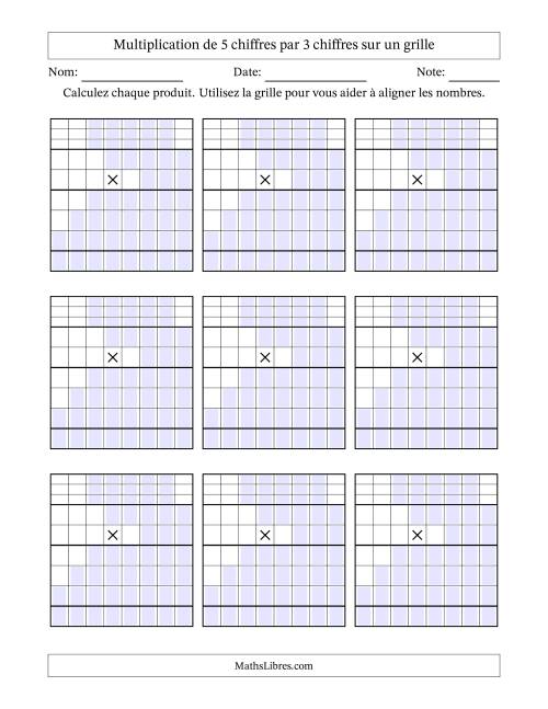 Multiplication de 5 chiffres par 3 chiffres avec l'aide d'une grille avec retenue (Vierges) (A)