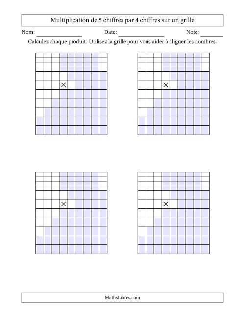 Multiplication de 5 chiffres par 4 chiffres avec l'aide d'une grille avec retenue (Vierges) (A)