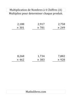 Multiplication de Nombres à 4 Chiffres par des Nombres à 3 Chiffres (Gros Caractère)