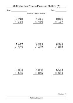 Multiplication d'un Nombre à 4 Chiffres par un Nombre à 3 Chiffres (Gros Caractère) avec une Espace comme Séparateur de Milliers