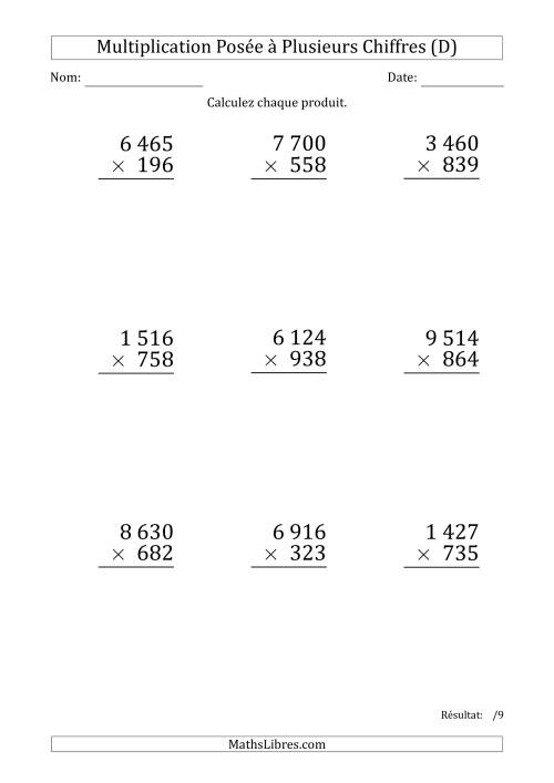 Multiplication d'un Nombre à 4 Chiffres par un Nombre à 3 Chiffres (Gros Caractère) avec une Espace comme Séparateur de Milliers (D)