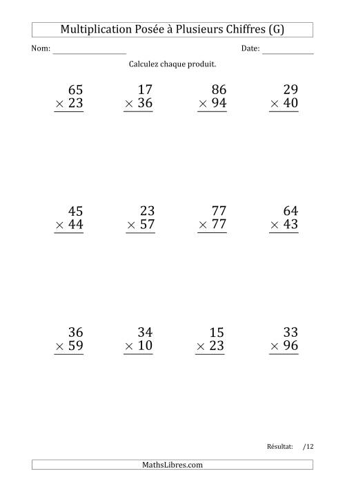 Multiplication d'un Nombre à 2 Chiffres par un Nombre à 2 Chiffres (Gros Caractère) avec une Espace comme Séparateur de Milliers (G)
