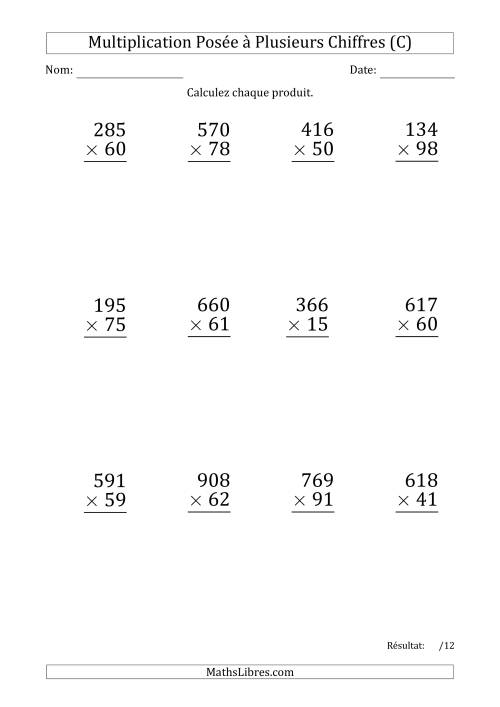 Multiplication d'un Nombre à 3 Chiffres par un Nombre à 2 Chiffres (Gros Caractère) avec une Espace comme Séparateur de Milliers (C)