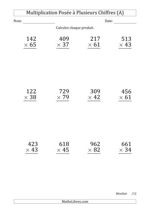 Multiplication d'un Nombre à 3 Chiffres par un Nombre à 2 Chiffres (Gros Caractère) avec une Espace comme Séparateur de Milliers (Tout)