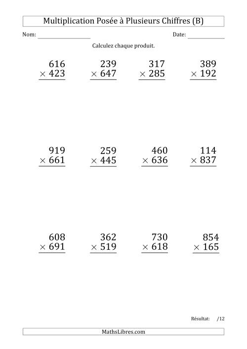 Multiplication d'un Nombre à 3 Chiffres par un Nombre à 3 Chiffres (Gros Caractère) avec une Espace comme Séparateur de Milliers (B)