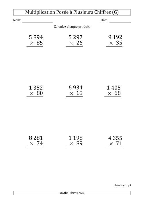 Multiplication d'un Nombre à 4 Chiffres par un Nombre à 2 Chiffres (Gros Caractère) avec une Espace comme Séparateur de Milliers (G)